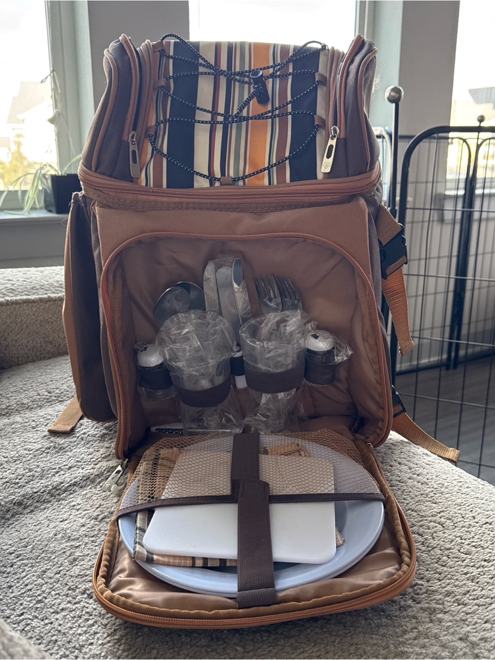 Insulated Picnic Backpack Set in Tan with Striped Interior